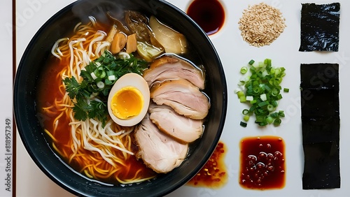 A mouthwatering, close-up food photograph of a steaming bowl of ramen photo