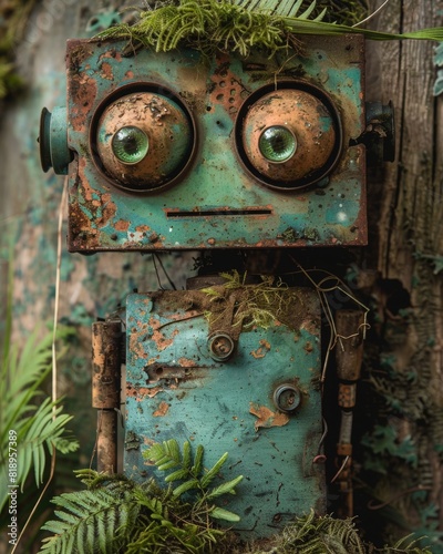 A whimsical robot battle presided over by a absent-minded professor in a marsh, with vibrant turquoise beams and lush moss.