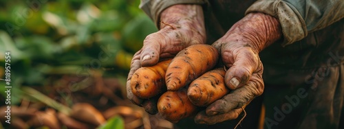 the farmer holds a sweet potato in his hands. Selective focus photo