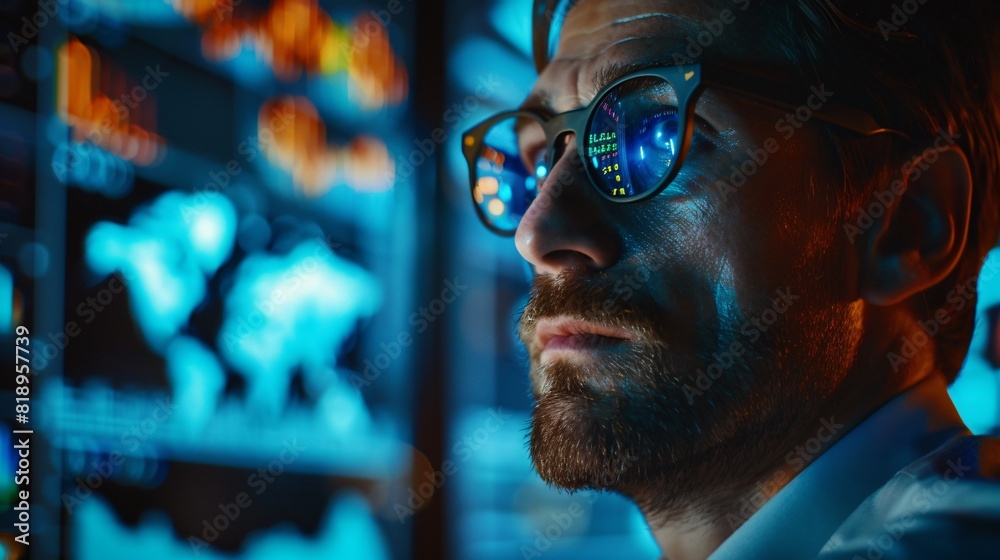 businessman is looking at the data on the display and thinking about working with this set of data.