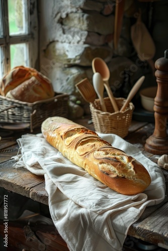 freshly baked bread on the table. Selective focus