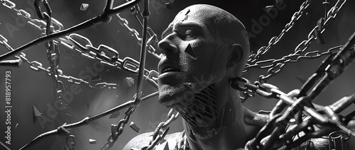 Visualize a captive man ensnared within chains and constraints, depicted in conceptual monochrome digital art, evoking a profound sense of confinement and restraint. photo