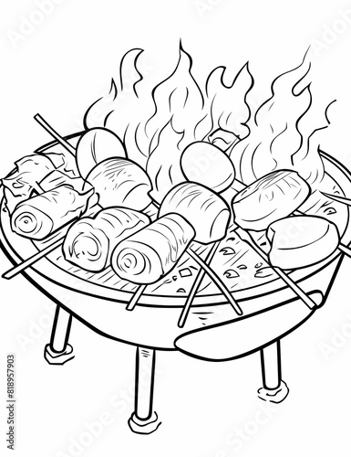 barbecue coloring pages, black and white illustration
