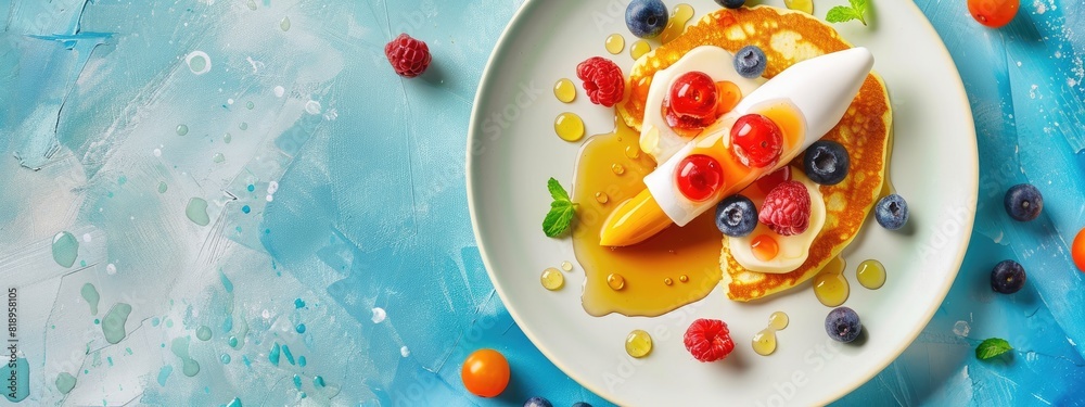 Obraz premium Pancakes with honey and berries in the form of a rocket. Selective focus
