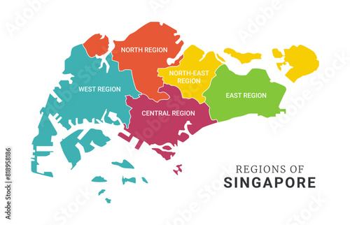 Colorful Geographical Administrative Map of Singapore with Editable Text, Isolated on White Background.