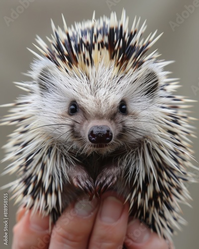 Porcupine in desert landscape surrounded by drought-resistant plants, seeking veterinary care. Earth tones of umber, blush, and espresso. photo