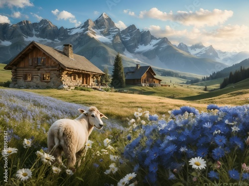 A picturesque mountain cabin sits cozily in a meadow filled with a delightful mix of daisies and cornflowers. The sunlit mountains create a breathtaking backdrop  casting a warm glow over the scene.