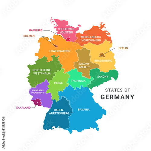 Colorful Geographical Administrative Map of Germany with Editable Text, Isolated on White Background. photo