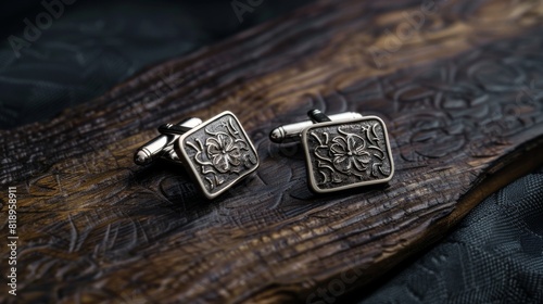 Intricately designed silver cufflinks on a textured wooden surface. Created with Generative AI. photo
