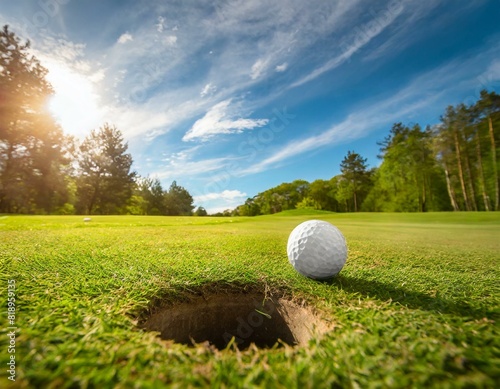 Golfball liegt am Loch auf dem Golfplatz  photo