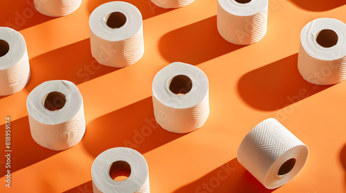 Soft toilet paper rolls displayed on a close up orange background