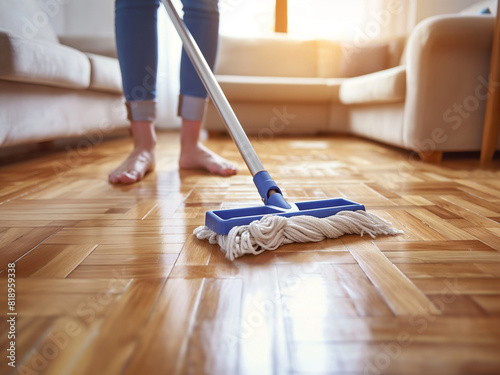 a woman mopping the floor in living room