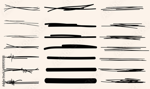 A set of strikethrough underlines. Brush stroke markers collection. Vector illustration of crossed scribble lines isolated on white background.