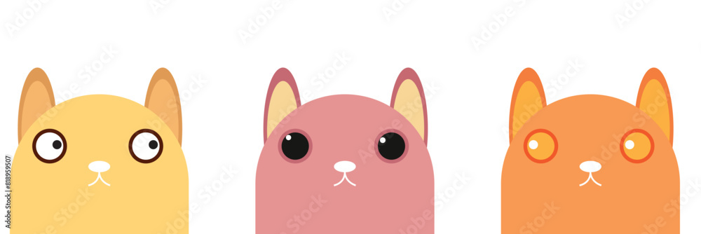 Cat head face set. Black silhouette icon. Kitten with big blue, green, yellow eyes. Cute cartoon funny pet character. Funny kawaii animal. Flat design. Pink ears, nose, cheek. Yellow background Vector Cat head face set. Black silhouette icon. Kitten with big blue, green, yellow eyes. Cute cartoon funny pet character. Funny kawaii animal. Flat design. Pink ears, nose, cheek. Yellow background Vector
