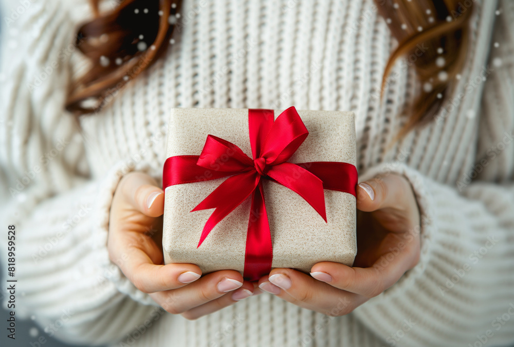 a gift box with red ribbon in woman hands a gift box with red ribbon in woman hands