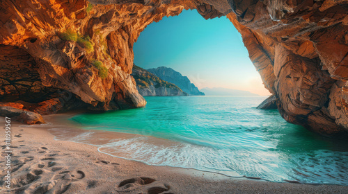 A secluded beach cave with stunning views of crystal clear blue waters and a sunny sky, perfect for serene getaways.