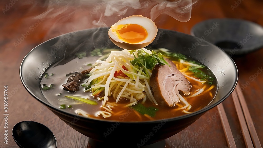 A mouthwatering, close-up food photograph of a steaming bowl of ramen A mouthwatering, close-up food photograph of a steaming bowl of ramen
