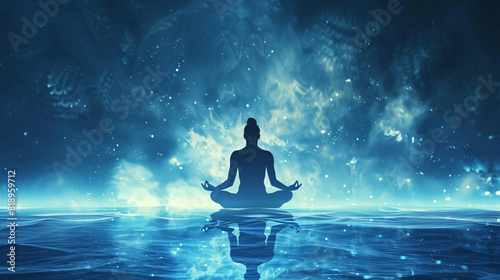 Meditative Silhouette in Lotus Position Over Calm Water with a Starry Night Sky and Ethereal Glow