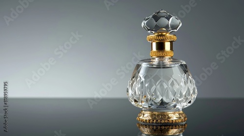 Elegant crystal perfume bottle with gold accents on a reflective surface. Created with Generative AI.