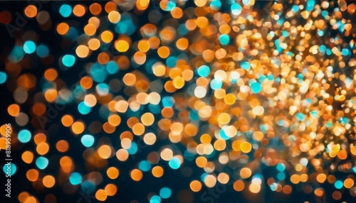 This image captures a mesmerizing bokeh effect with vibrant blue and warm golden lights scattered across a dark background  ideal for backdrop use.. AI Generation