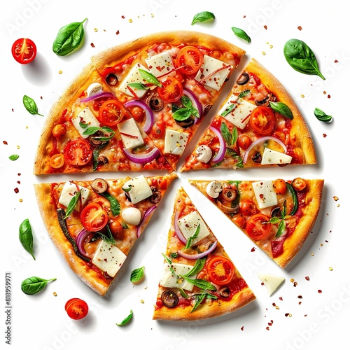 Cheese pizza with mozzarella cheese cut into slices white background restaurant food top view