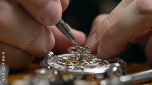 Close-up of a watchmaker's precise handwork while repairing a sophisticated mechanical timepiece.