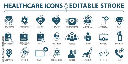 Healthcare icon set. Containing medical, health, diagnosis, report, treatment, prevention, injury, illness and more. Editable stroke. Vector illustration.