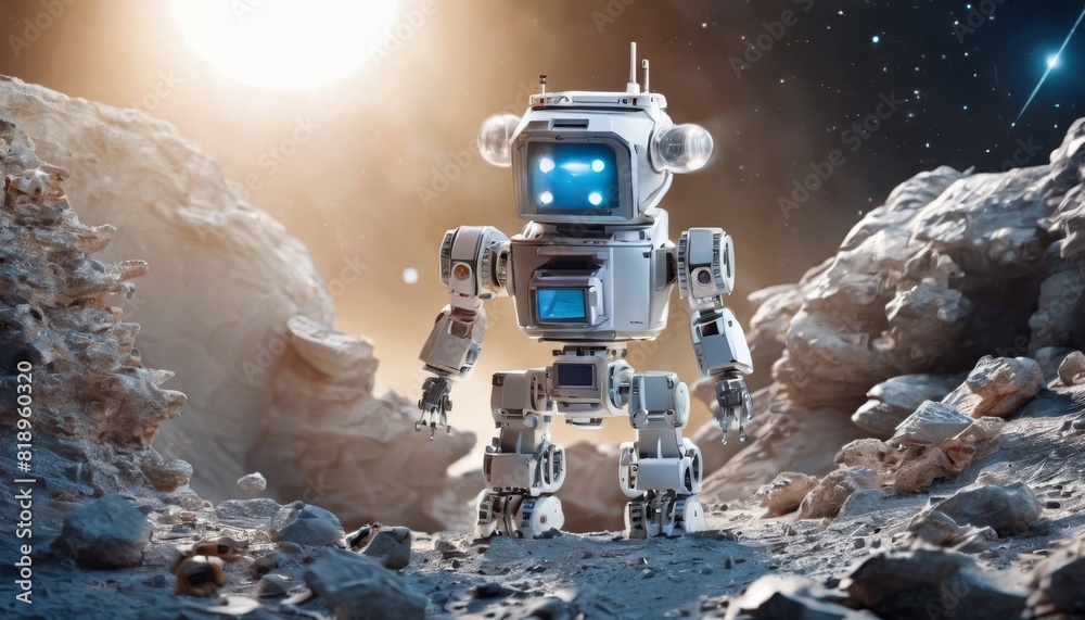 An endearing robot with a humanoid design stands on a rocky, moon-like surface, under a celestial backdrop, exuding charm and curiosity.. AI Generation