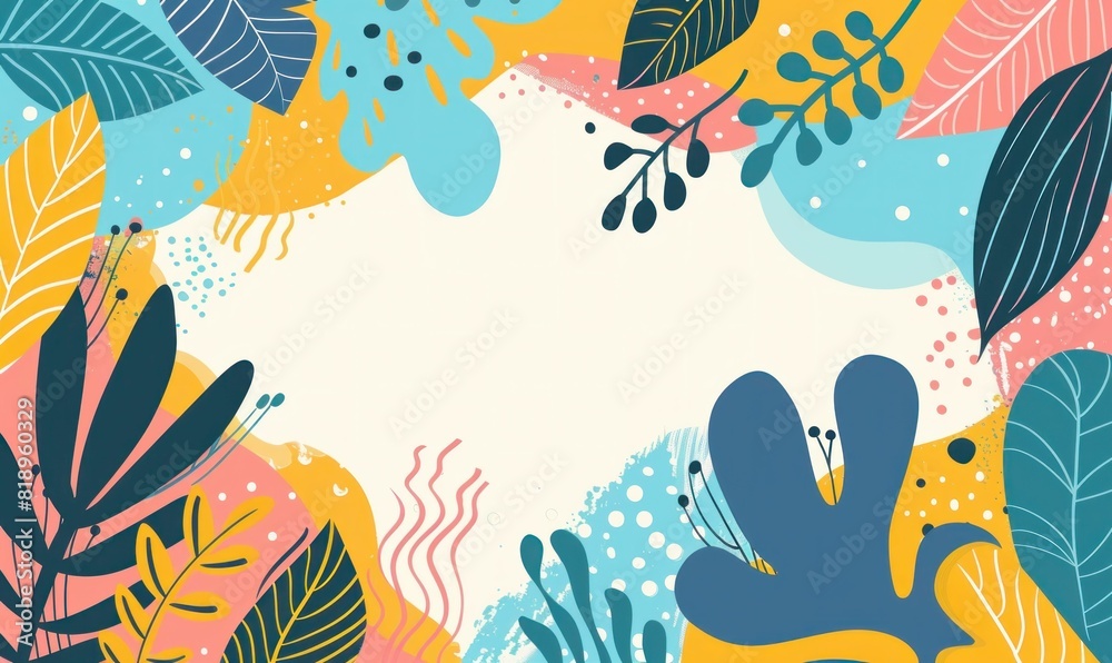 Vibrant Botanical Abstract with Leaves, Flowers, and Plants on Colorful Background with Copy Space Vibrant Botanical Abstract with Leaves, Flowers, and Plants on Colorful Background with Copy Space