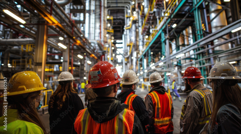 A diverse team of workers wearing safety helmets and vests, attentively listening to a briefing in a large industrial facility. A diverse team of workers wearing safety helmets and vests, attentively listening to a briefing in a large industrial facility.