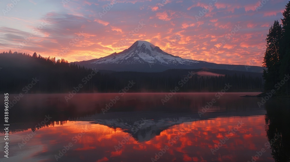 Fototapeta premium Sunrise over Mt Hood at Trillium Lake 