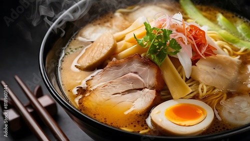 A mouthwatering, close-up food photograph of a steaming bowl of ramen photo