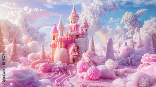 A whimsical castle made of cotton candy and gumdrops, set against a backdrop of rainbow skies and lollipop forests, Fantasy, Bright pastels, 3D rendering, Playful and detailed