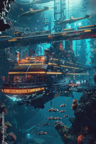A futuristic cargo shipwreck with robotic fish and digital screens, in a hightech and neonlit underwater scene, Scifi, Neon colors, 3D rendering, Technological and detailed