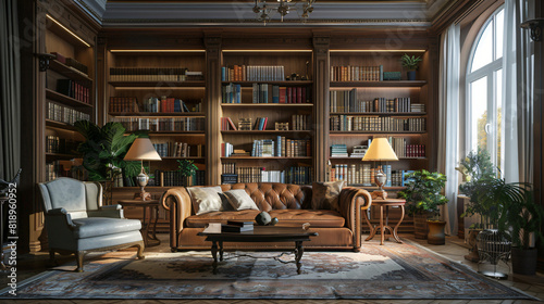 Stylish interior of living room with bookshelf