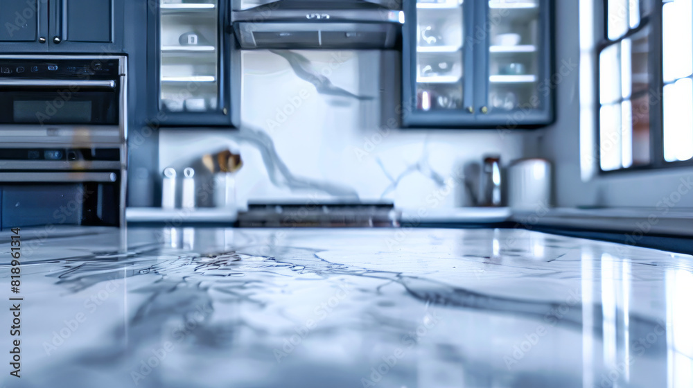 Fototapeta premium A marble kitchen countertop in front of a blue kitchen set, showcasing the elegant stone texture and the stylish contrast with the blue cabinetry.