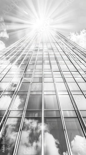 Black and white photo of sky reflecting into a glass skyscraper, seen from below photo