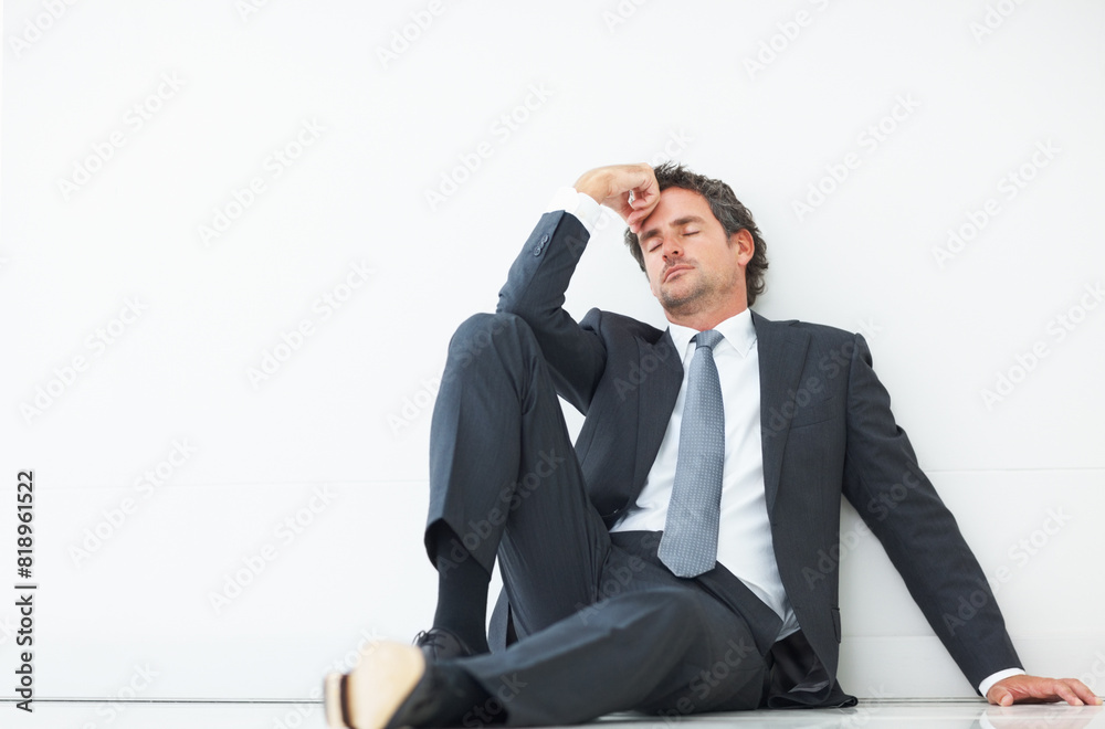 Tired, businessman and on floor with anxiety, headache and stress isolated by white background for mockup. Professional, male lawyer and depression in studio for career and mental health in law firm Tired, businessman and on floor with anxiety, headache and stress isolated by white background for mockup. Professional, male lawyer and depression in studio for career and mental health in law firm