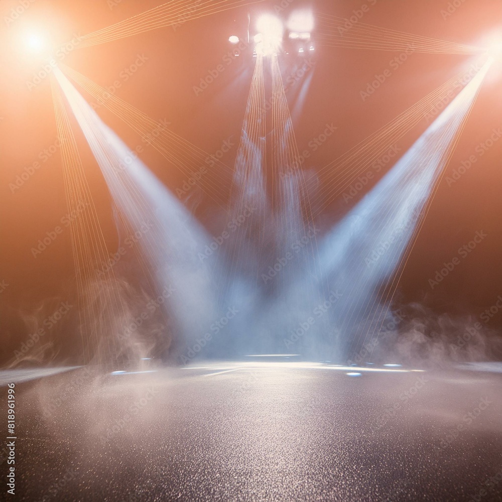 Fototapeta premium Free stage with lights and smoke, Empty stage with blue spotlights, conser, show, party, Presentation concept. dark navy blue spotlight strike on black background. banner