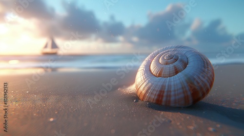  A close-up of a seashell on the beach with a sailboat in the background during a sunny day