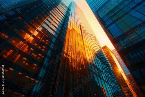 Tall buildings in a city with a bright orange glow