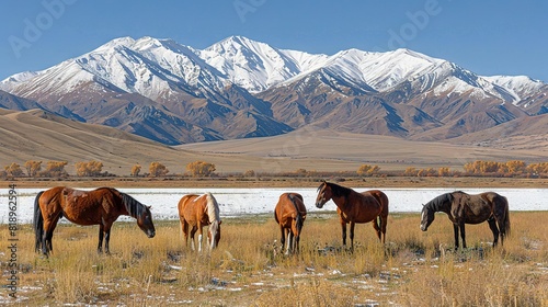   A group of horses standing on top of a dry field with tall mountains in the background  covered in snow