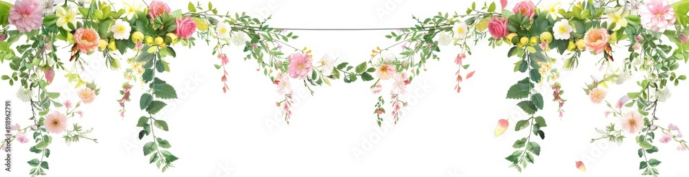 Whimsical Summer Flower Garlands. With Copy Space, Abstract Background Whimsical Summer Flower Garlands. With Copy Space, Abstract Background