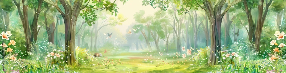 Obraz premium Whimsical Summer Forest Scene Pattern Background. With Copy Space, Abstract Background