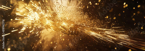 Long shot capturing the powerful impact of a punch, golden sparks exploding, highly detailed and photorealistic, vibrant energy and intensity, action-packed and dynamic moment
