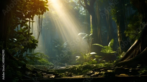 Ancient rainforest with old trees. Generative AI.