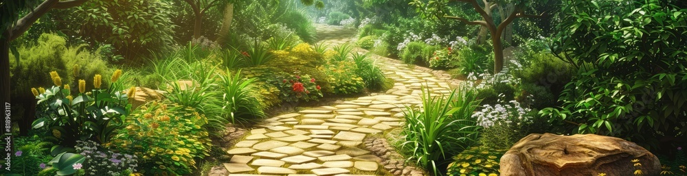 Whimsical Summer Garden Paths. With Copy Space, Abstract Background Whimsical Summer Garden Paths. With Copy Space, Abstract Background