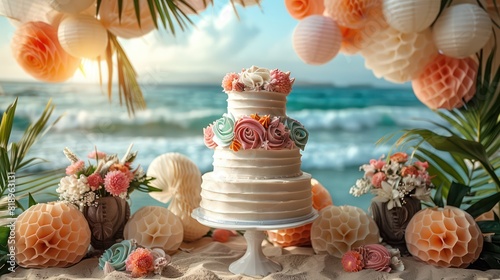 A white wedding cake with pink and green frosting is on a table next to a beach photo