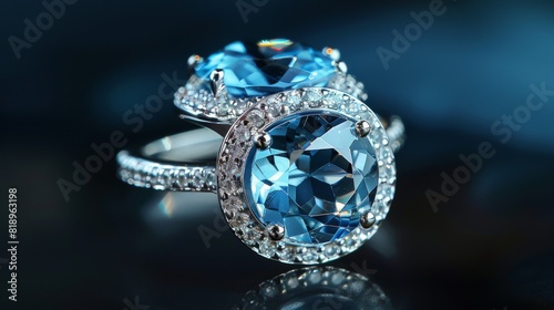 Elegant diamond and blue gemstone ring set against a dark background. Created with Generative AI.