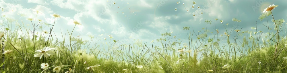 Whimsical Summer Meadow Scene Pattern Background. With Copy Space, Abstract Background